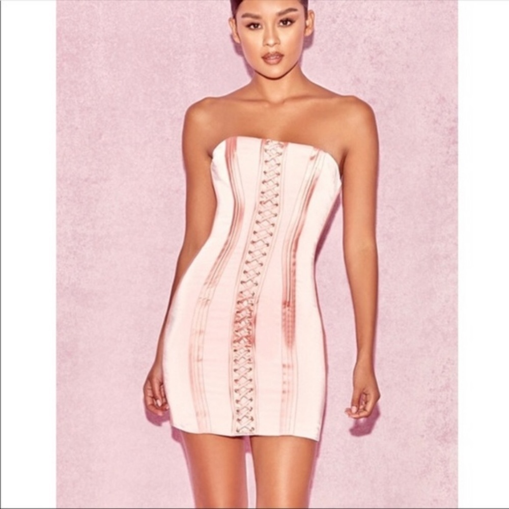 ONE LEFT! Nude Premium Boned Lace Up Bodycon Dress
